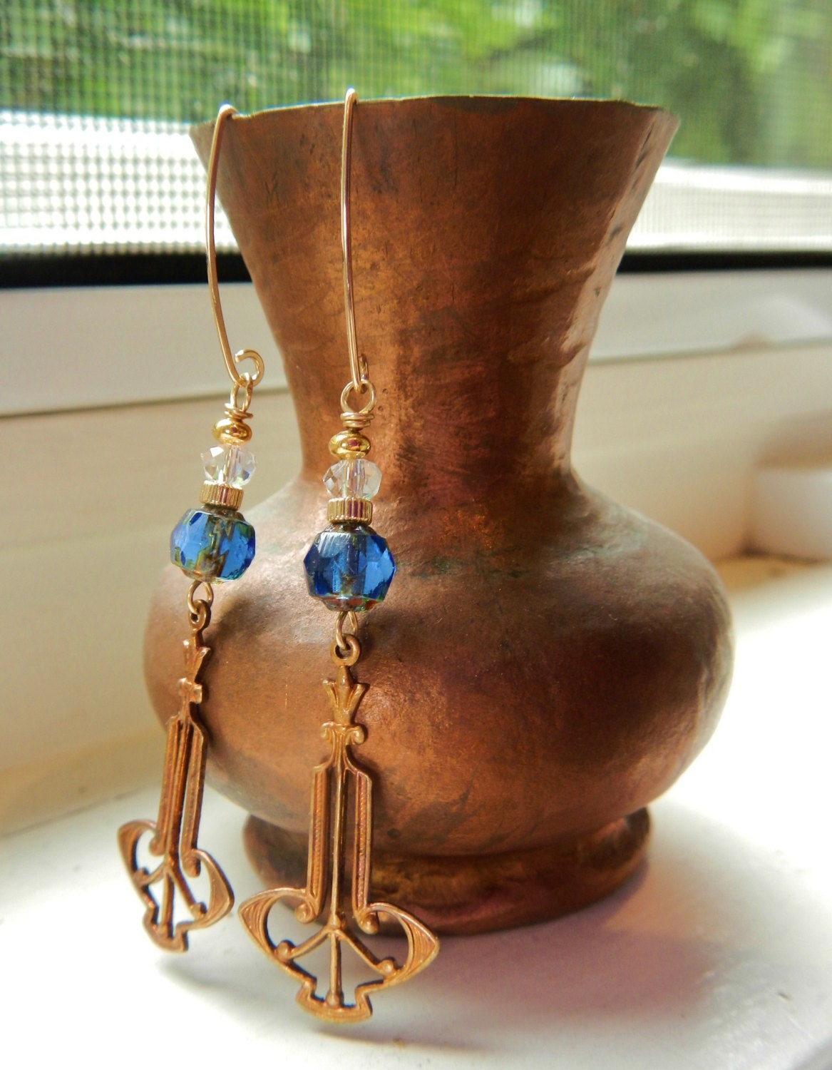 Great Gatsby Earrings -- Vintage Art Deco Brass Charms w Czech Glass, Swarovski Crystals, 14k GF Charms & Handcrafted 14k GF Ear Wires