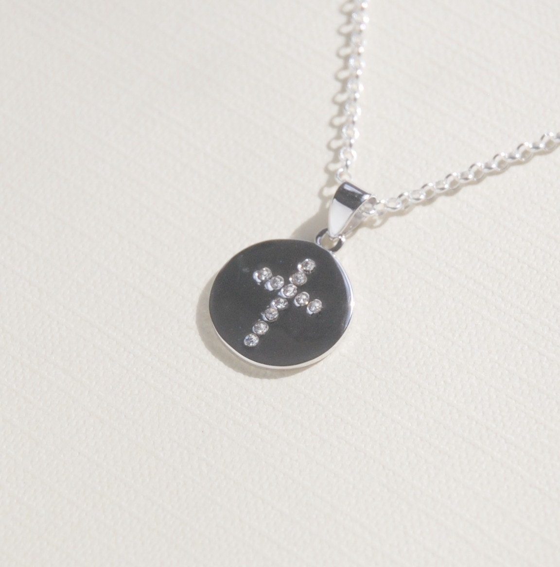 Round silver cross pendant necklace - sterling silver cross - cubic zirconia crystals - modern cross - simple everyday jewelry - Kathleen