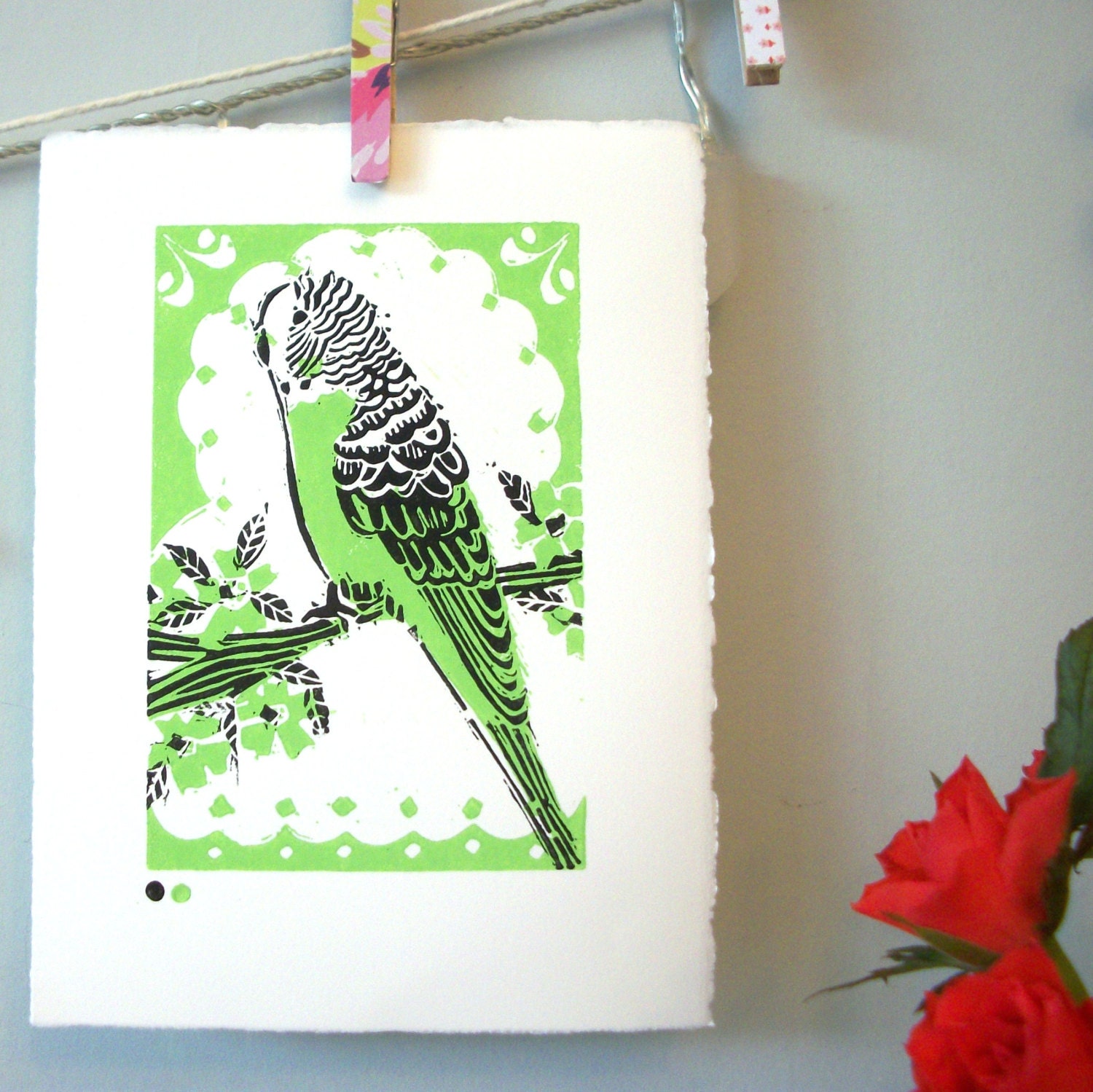 Budgerigar linocut print.
