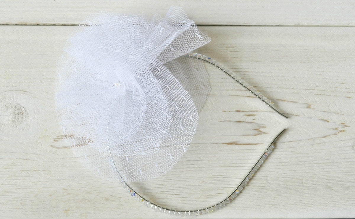 Chance style030 Point d'Esprit lace flowers attached to swarovski crystal headband
