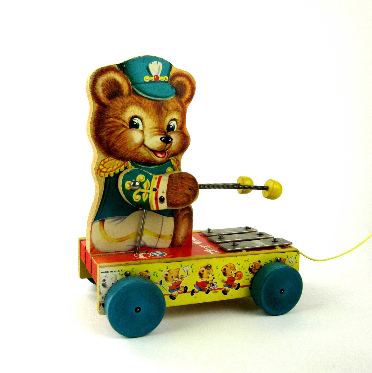 Fisher Price Tiny Teddy Chime Pull Toy 1962 / Excellent Condition - AttysSproutVintage