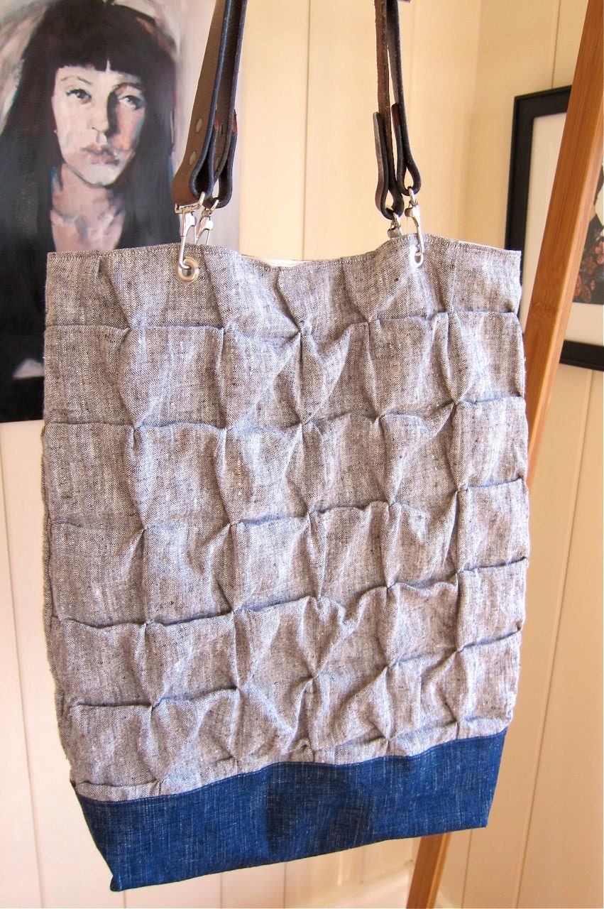pinch pleated linen bag tote (brown linen, ivory hemp organic cotton & brown leather straps)