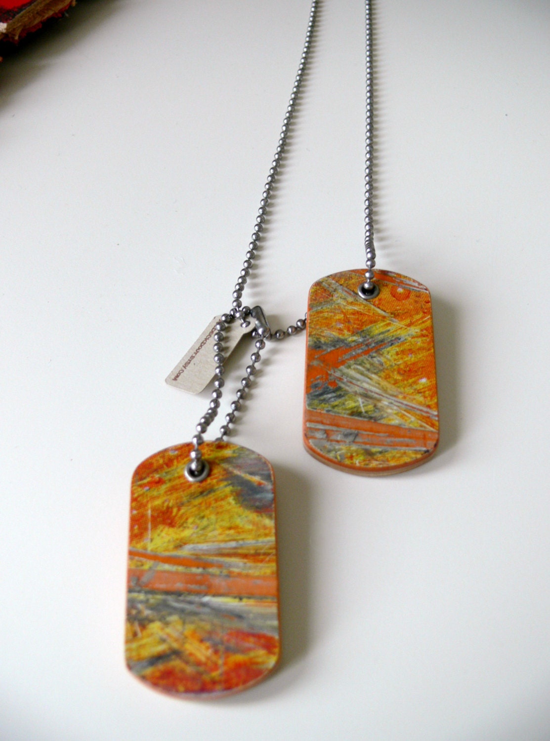 Wooden Recycled Skateboard Double Dog Tags Orange and Yellow Camouflage