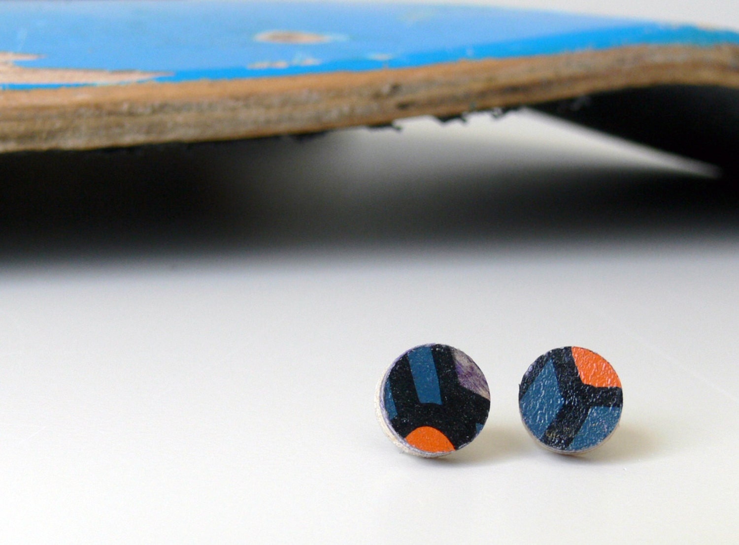 Recycled Skateboard Stud Earings Tiny Wood Stud Blue, Black and Orange Earrings