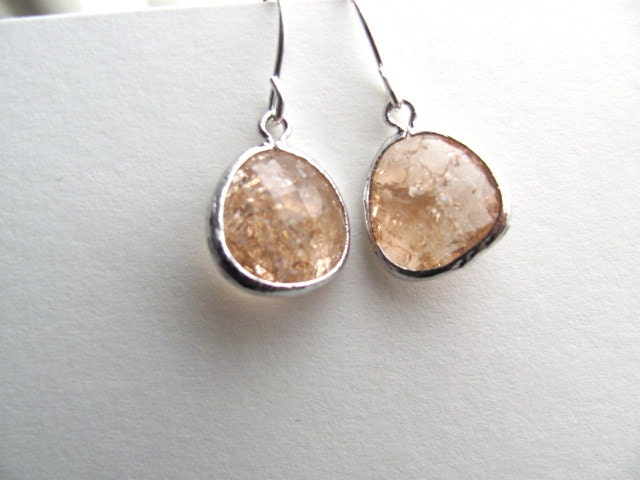 Sparkling pink peach drop earrings on sterling silver plated fixtures, tiny tear drop, rose