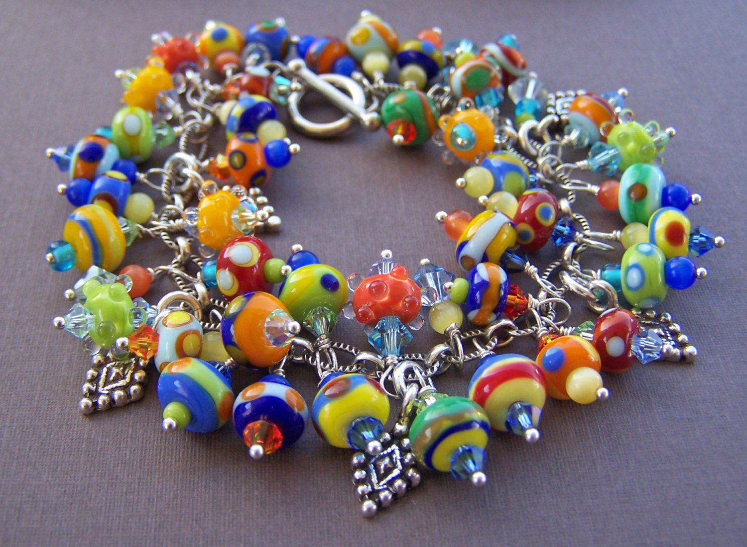 Fruit Salad Charm Bracelet - Lampwork Glass Bead and Sterling Loaded Charm
