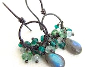 Labradorite Hoop Earrings, Oxidized Sterling Silver Wire Wrapped Green Onyx Earrings, Handmade Jewelry by Sonja Blume