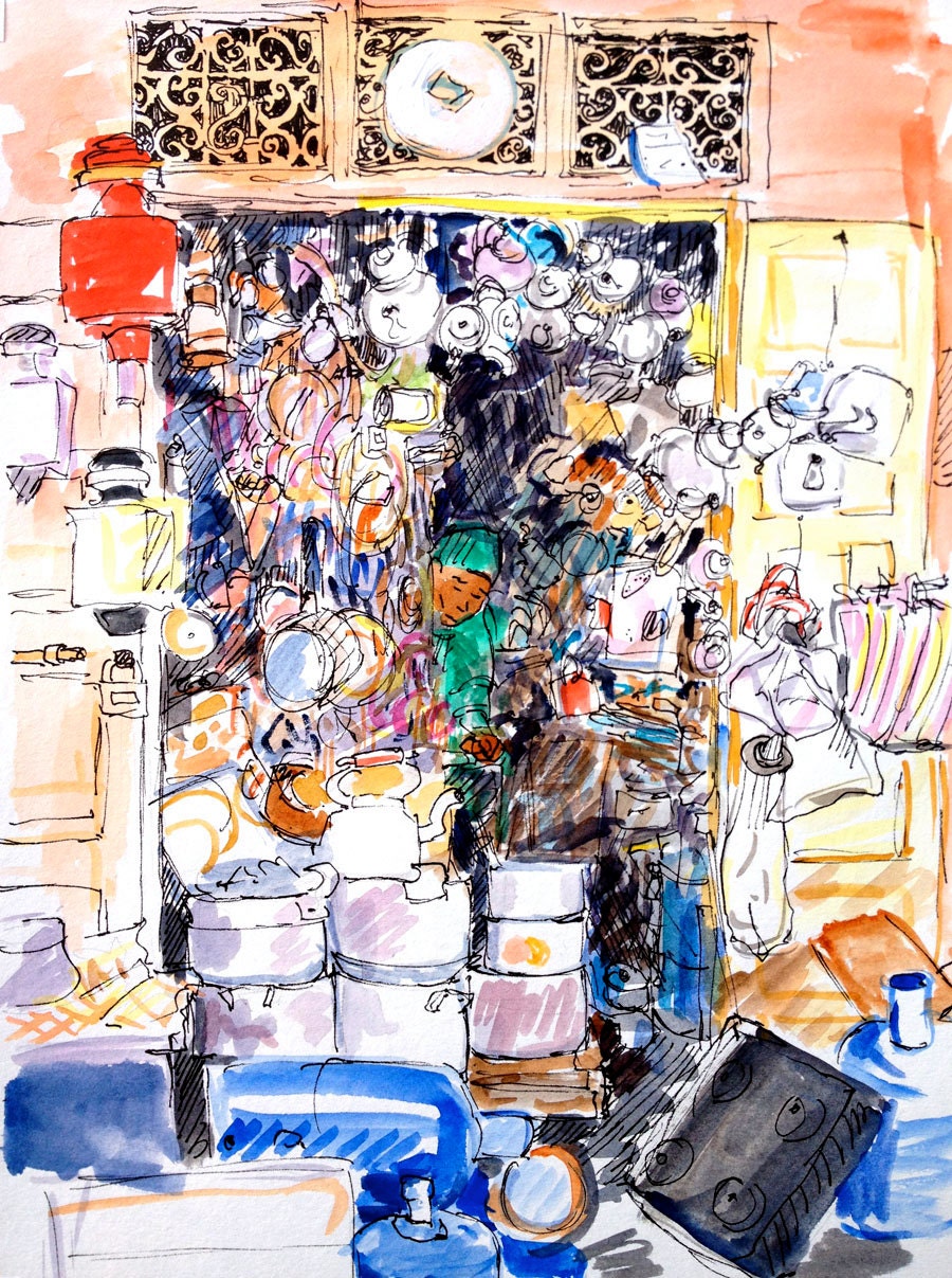 Marrakech repair shop watercolor painting 9x12
