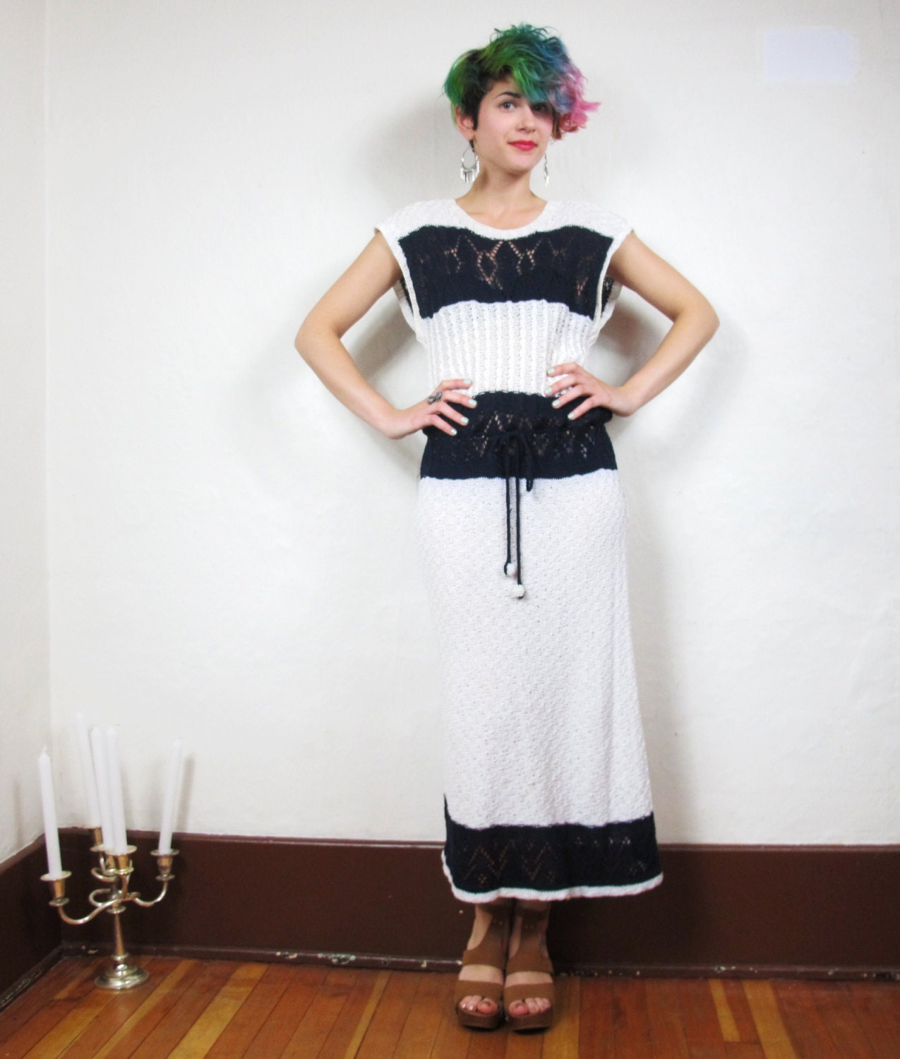 40s Nautical Striped Hand Knit Summer Dress (M)