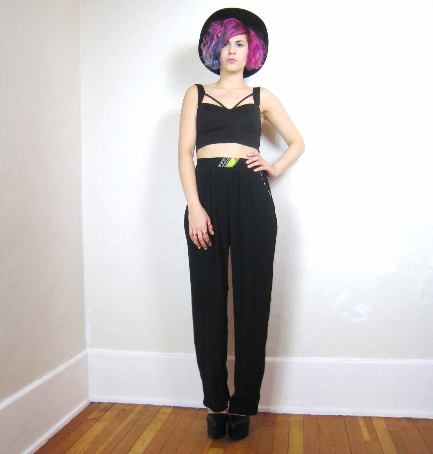 90s Black Slouchy Printed Waistband Loose Comfy Pants (XS/S)