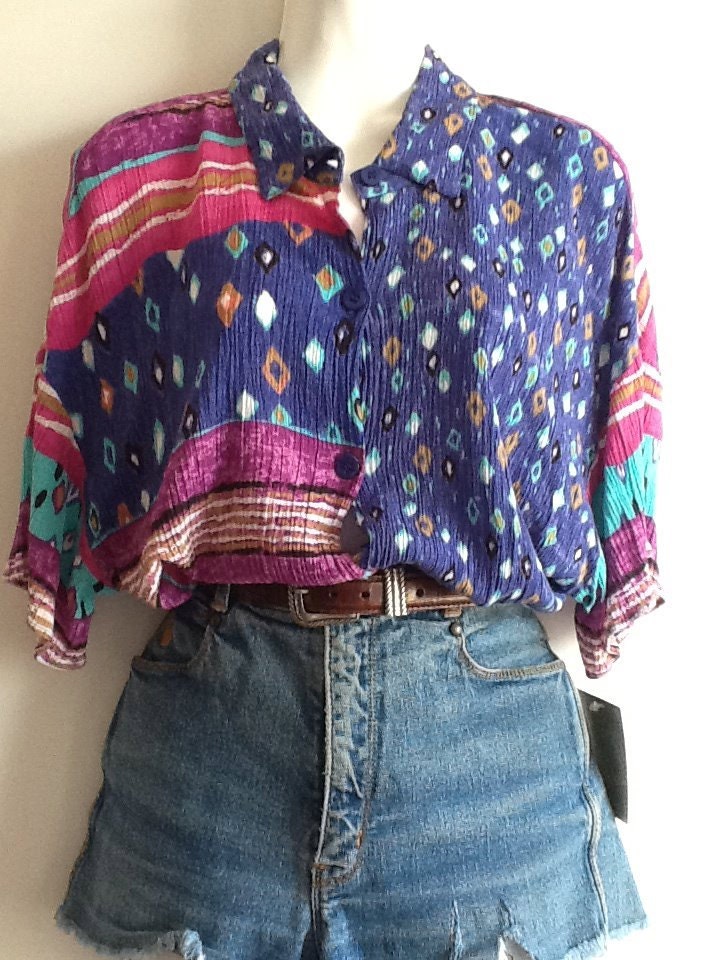 90s neon SOUTHWESTERN blouse // thin crepe summer top, size m