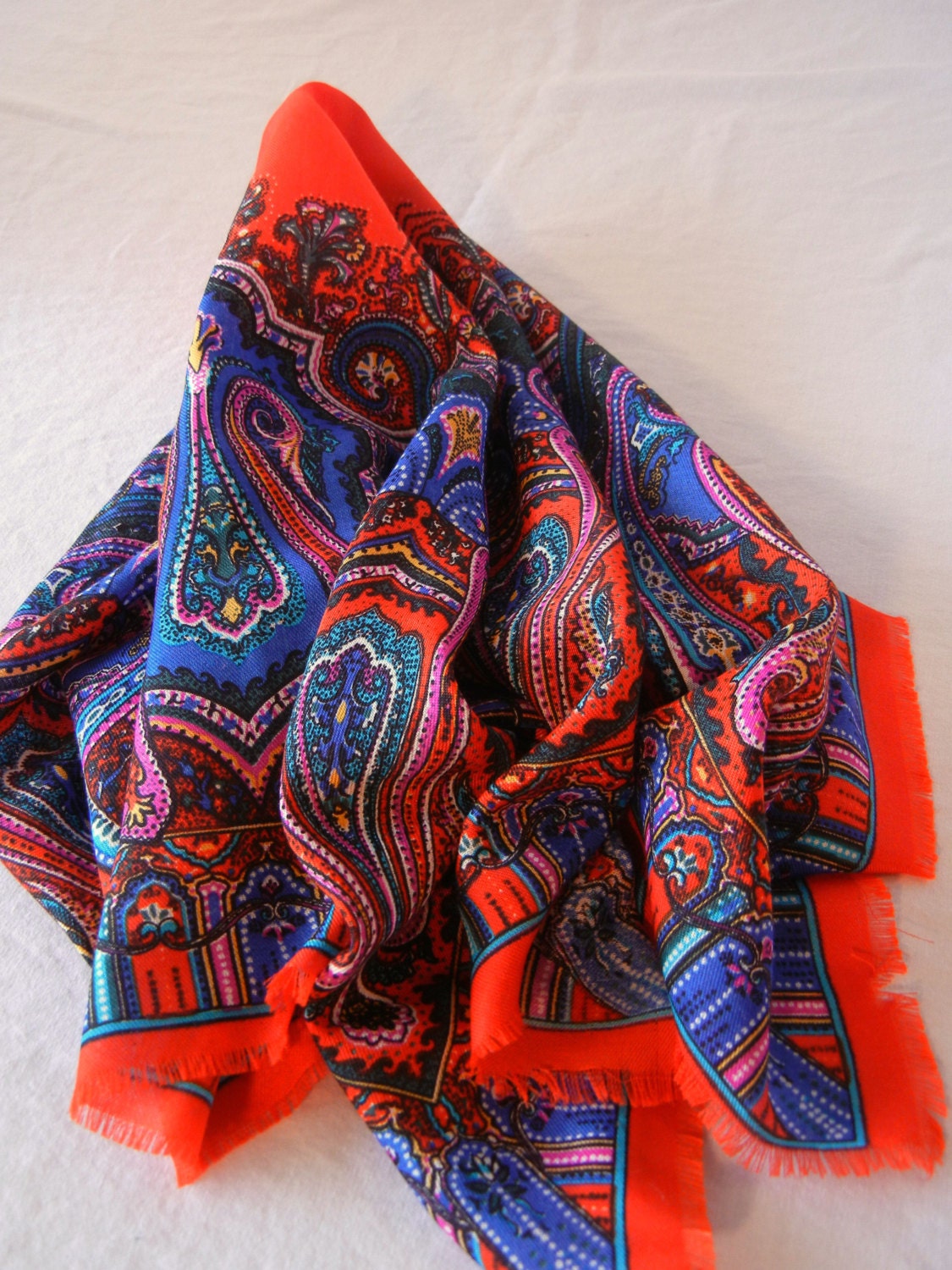 Red Fringed Paisley Scarf, Blue Red Purple Bright Western, Vintage 80s Machine Wash