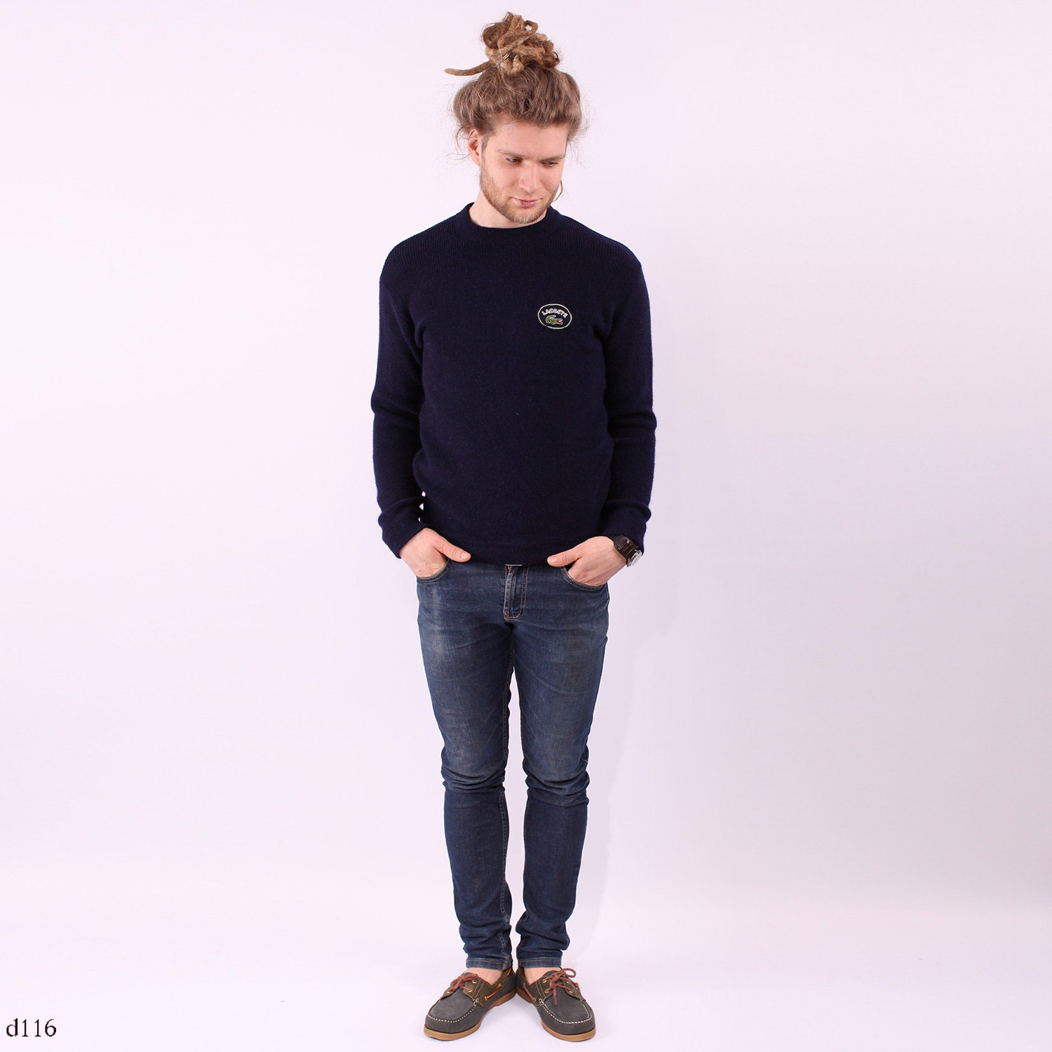 Lacoste Mens Sweater / Preppy Navy Wool Jumper / Small to Medium
