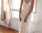 Beaded Lace Art Deco 1930s Inspired Sleeveless Bridal Gown with Bias Silk Slip, Lace Train and Bustle, Low V back, Mermaid, the "Gemma"