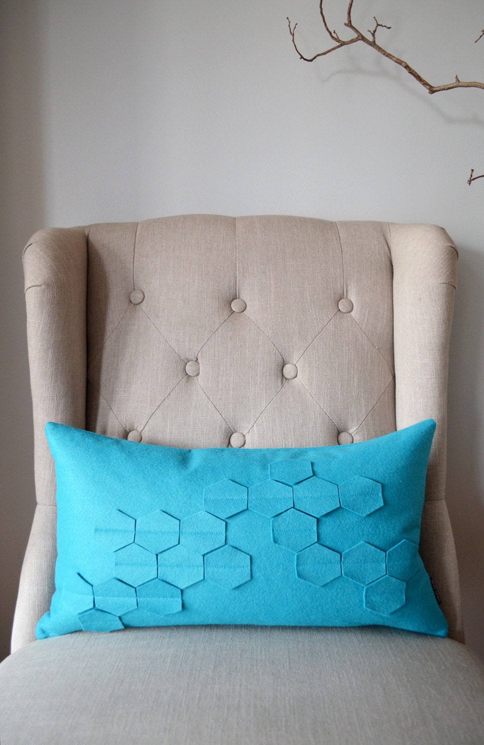 Honeycomb Turquoise Blue Felt Kidney Pillow with Down Insert