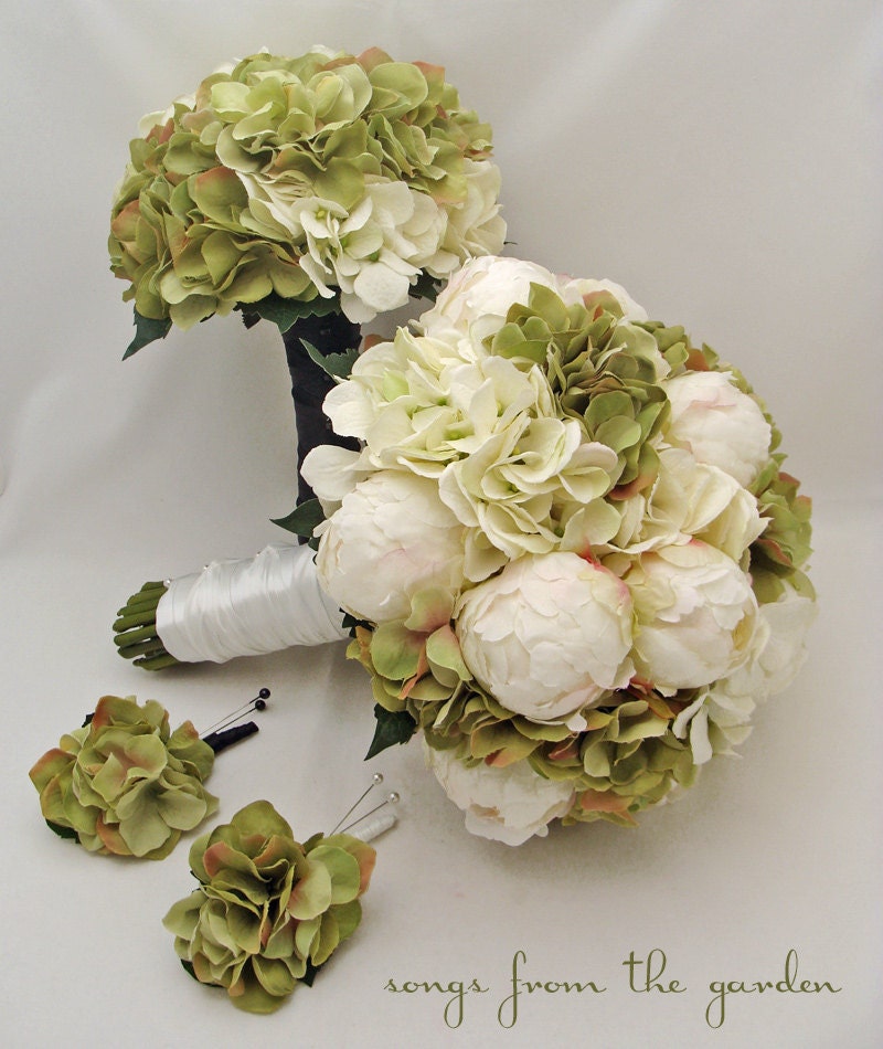 Wedding Flower Package Bridal Bouquet White Silk Peonies Silk Hydrangea Groom's Best Man Boutonniere Maid of Honor Bouquet Silk Bouquet