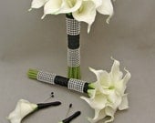 Wedding Flower Package Real Touch Callas Bridal & Bridesmaid Bouquets White Calla Lilies Black Ribbon - Choose Your Wedding Colors