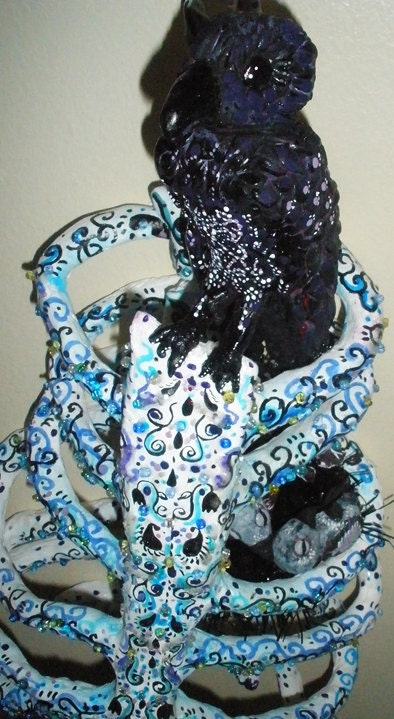 Raven Dia De Los Muertos  Ribcage Nest Sculpture
