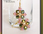 Green, Pink & Gold Earrings / Crystal / Seed Beads / Beadweaving / Renaissance / Maltese Cross / Dangle / Opulent