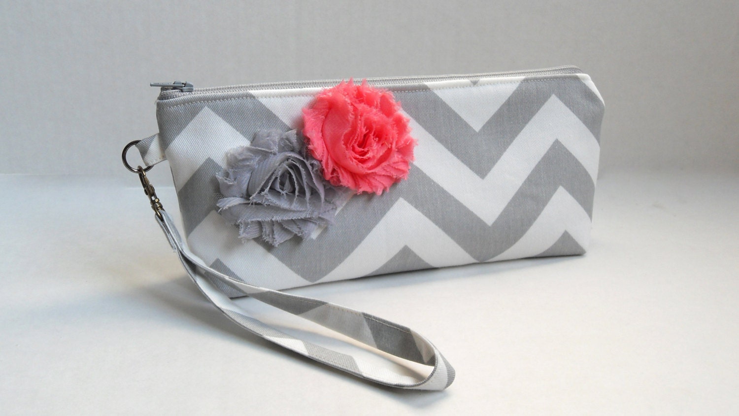 Bridesmaids gifts, gray chevron wristlet clutch, coral guava wedding, gray, pewter wedding, clutch purse bag