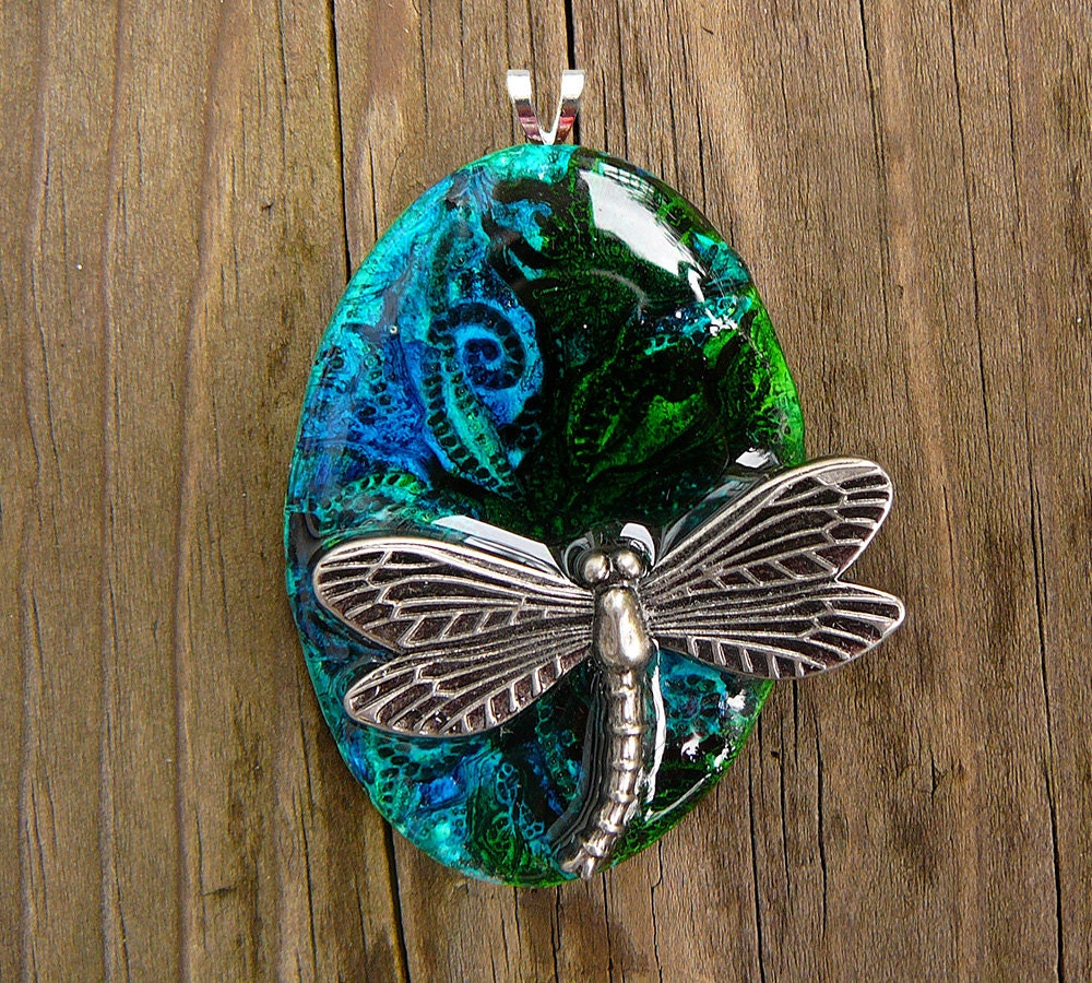 Dragonfly mixed media polymer clay pendant