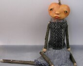 Folk Art Pumpkin head doll cloth clay hand stitched glass eyes ooak sculpted