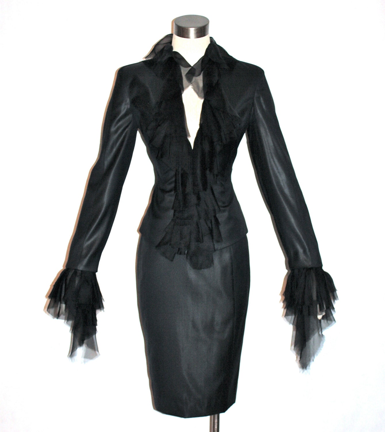 Vintage GIANNI VERSACE COUTURE Suit Black Shiney Sheer Chiffon Skirt Suit