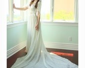 Vintage 20s 30s Wedding Dress Silk Satin and Silk Chiffon Skirt and Train Corded Nude Illusion Neckline XS PETITE