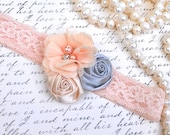 Peach, cream, grey rosettes and chiffon jewel  blossoms headband.  Baby christening, photo prop, Flower Girl