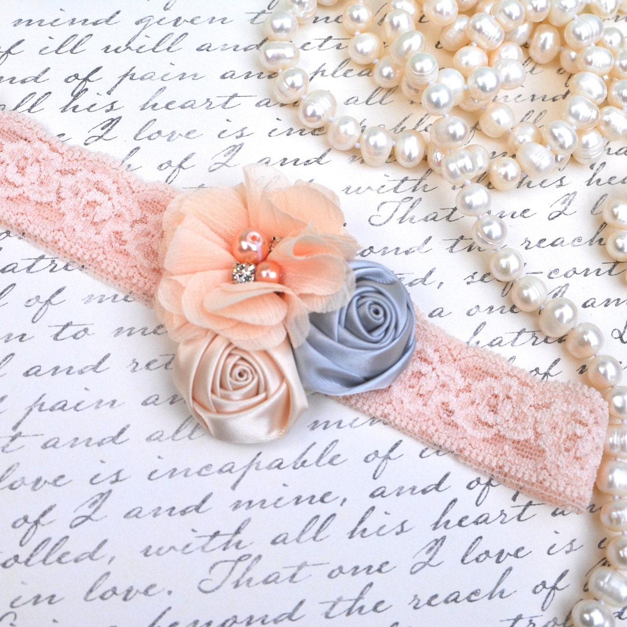 Peach, cream, grey rosettes and chiffon jewel  blossoms headband.  Baby christening, photo prop, Flower Girl