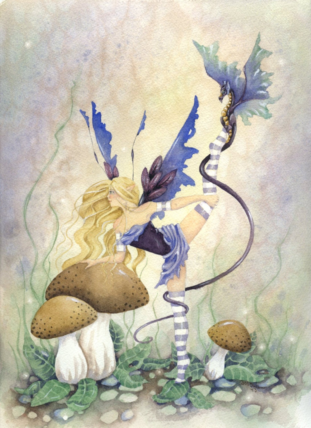Fairy Art Watercolor Print - 8.5x11 - Grace and Her Dragon - fantasy. fairy art. pretty. purple. whimsical. for her. amethyst.
