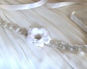 Ivory or White Flower Bridal Sash FAYE Rhinestone and Satin Rose Bridal Sash