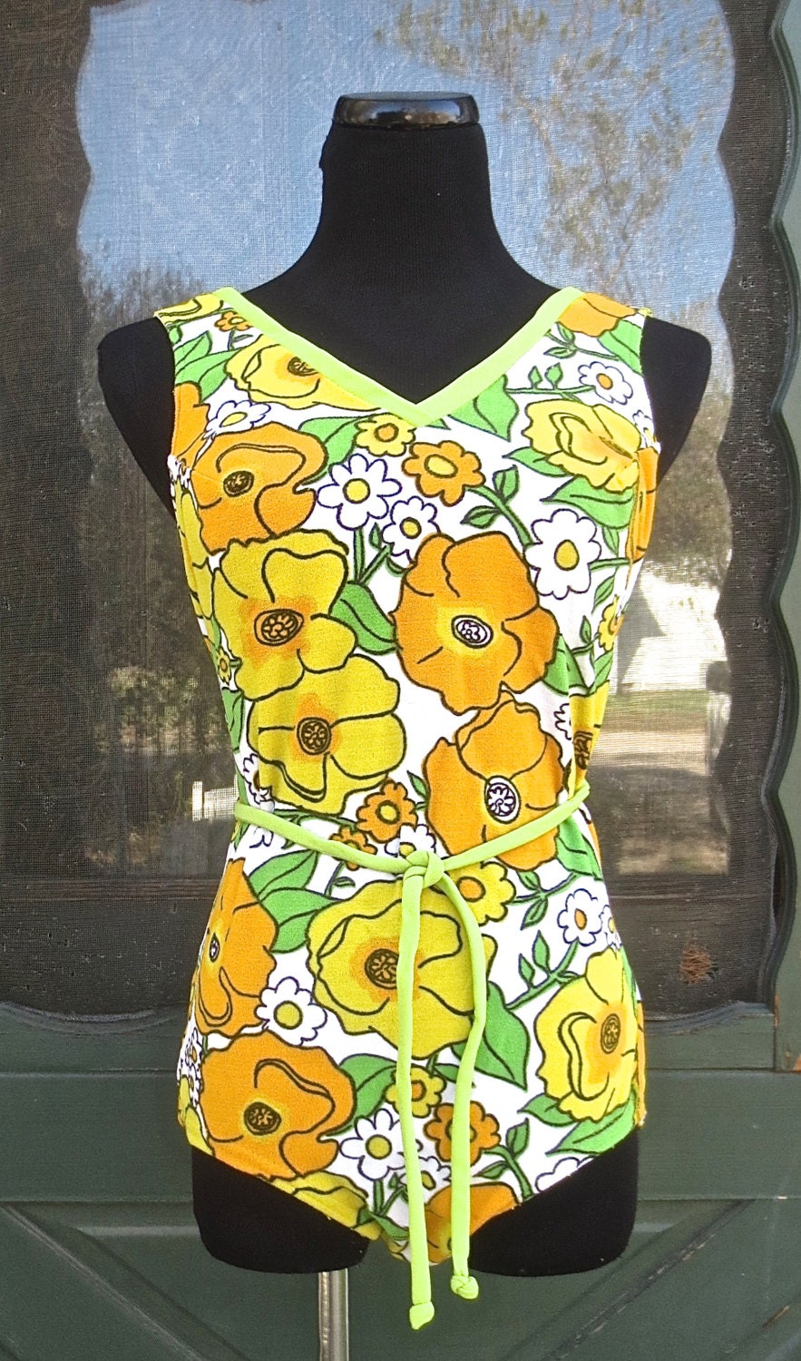 Vintage 1960's MOD Floral Terrycloth One Piece Swimsuit w/Sexy Plunging V Back-sz Med