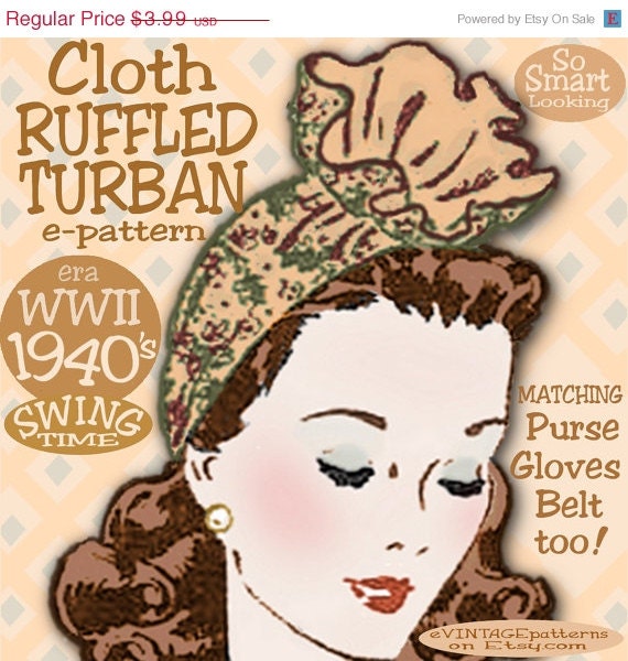 sale 1940's Ruffled TURBAN Hat GLOVES, Belt, Purse Bag Vintage e-Pattern Swing WWII era  sew pattern Pdf download