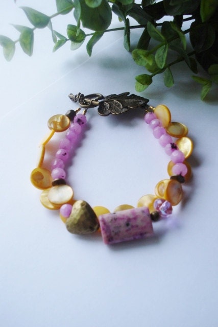 Sale, Pink and Yellow Two strand bracelet, Sesame Jasper and Mother of Pearl, Colorful layer bracelet, Bohemian jewelry