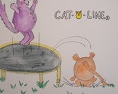 Cat Art / "Cat - O - Line" Trampoline / Watercolor Pencil Original