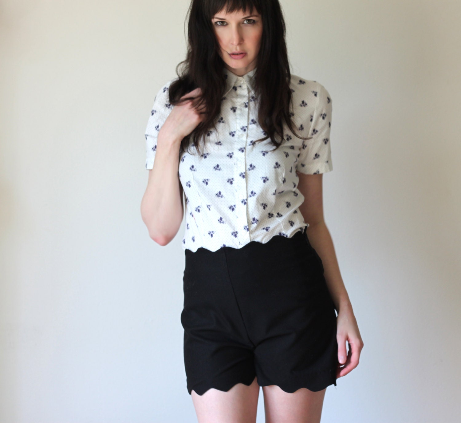 Black scallop lace edge shorts -  high waisted with vintage inspired design, simple elegant made in america - large