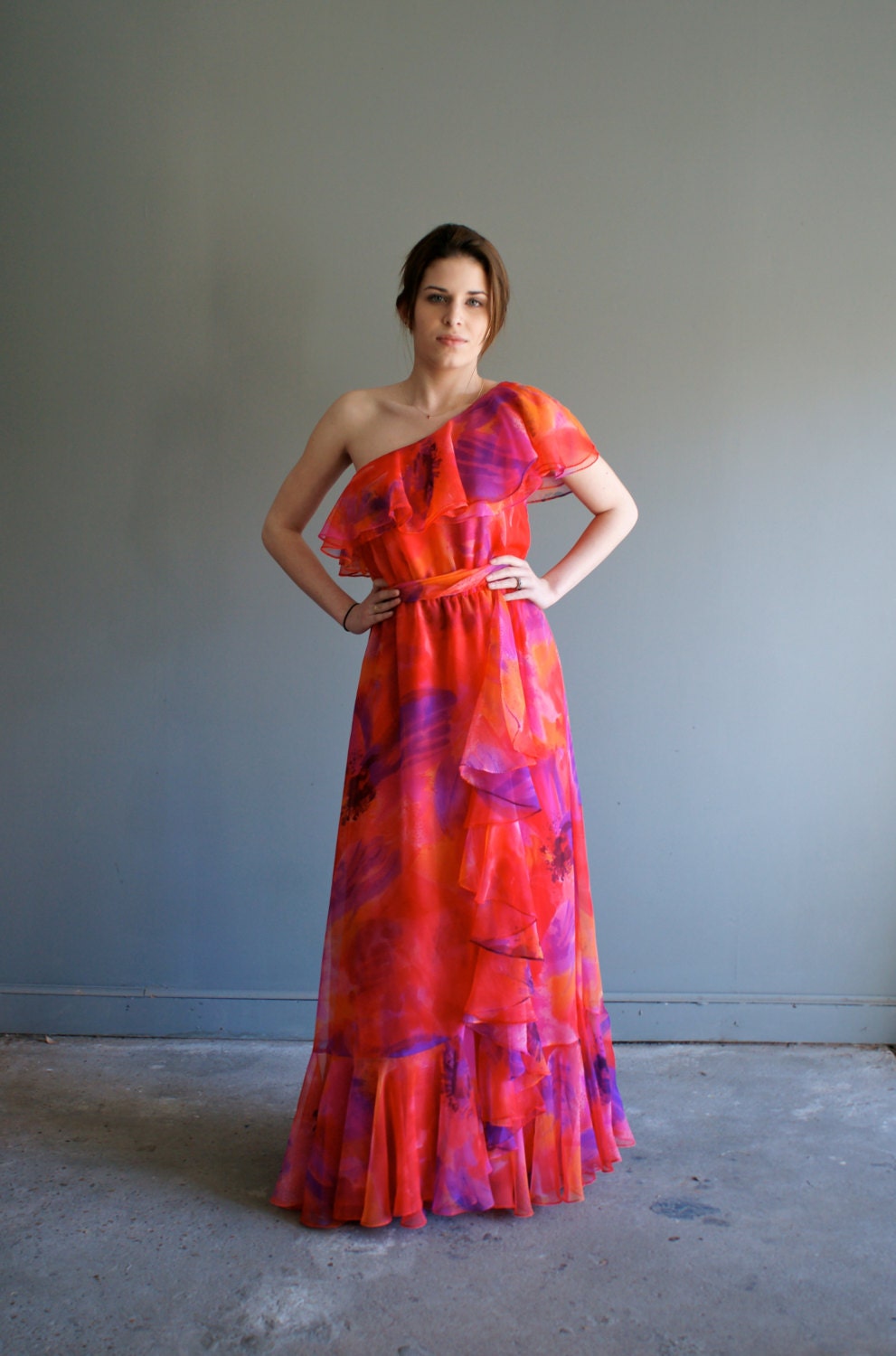 vintage 70s Lillie Rubin ONE SHOULDER Flowy Pink Sherbert Dress (xs-s)