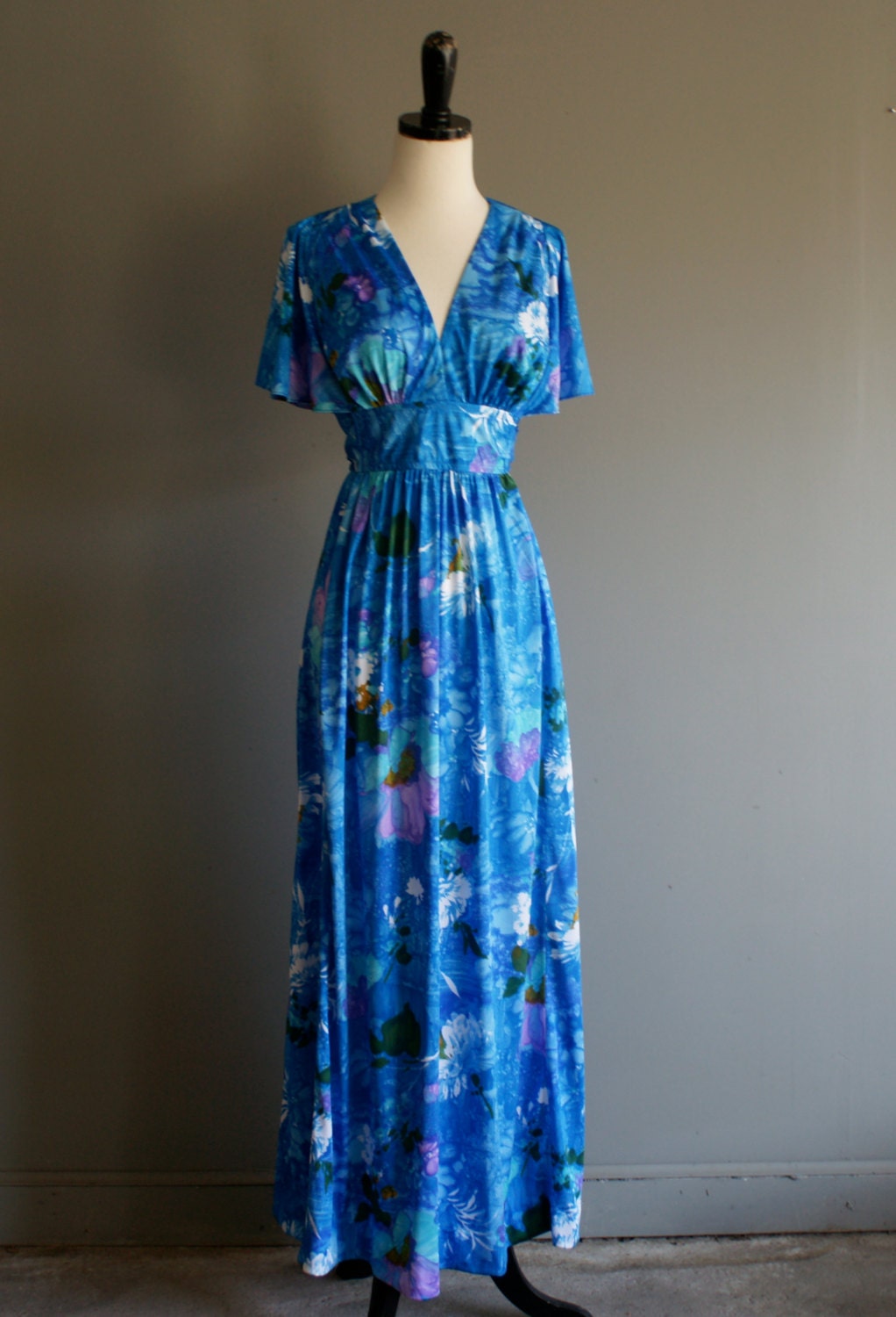 Vintage 70s Maxi Water Lillies Flutter Sleeve Dress (s-m)