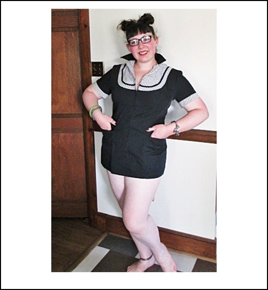 Vintage 60s Black Uniform Top Shirt White Striped Rockabilly Cover Up L XL Waitress Beautician Bar Tender