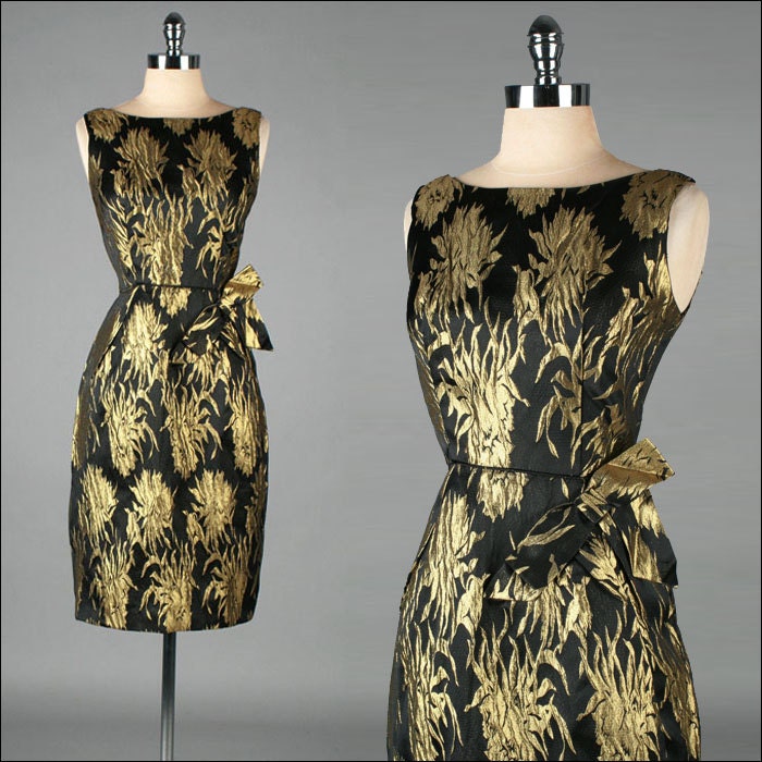 vintage 1950s dress . gold black brocade . wiggle bombshell . 3260