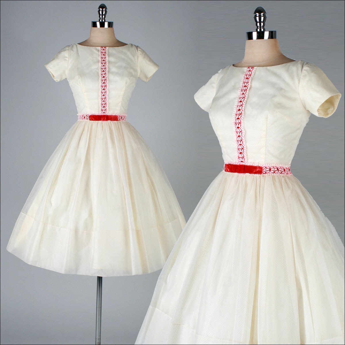 vintage 1950s dress . ivory swiss dot chiffon . red ribbon . 3051