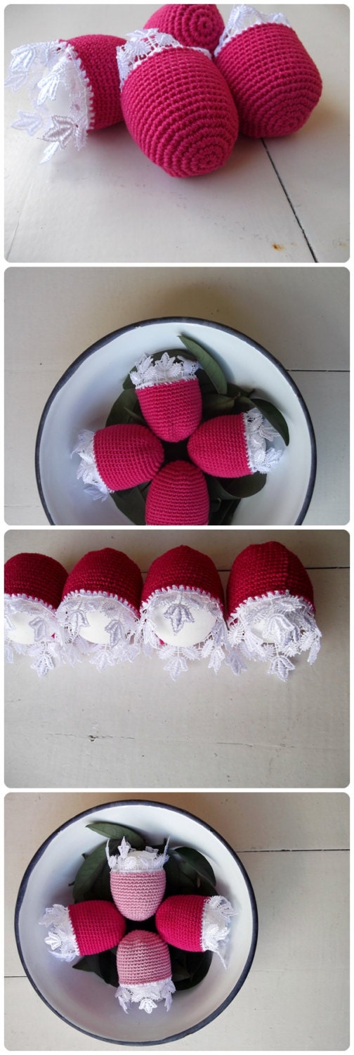 Funny BreakFast-Pink Easter Egg Cosy - Egg Warmers -Crochet and Lacely Trim -Set Of 4 Bright Fushia Hot Pink Fancy Cosies