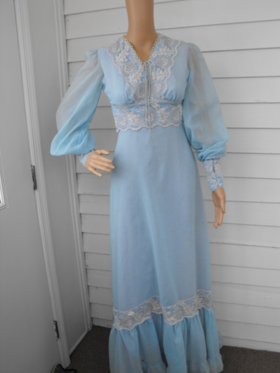 Vintage 70s Blue Corset Prairie Dress XS XXS Boho Lace Long Full