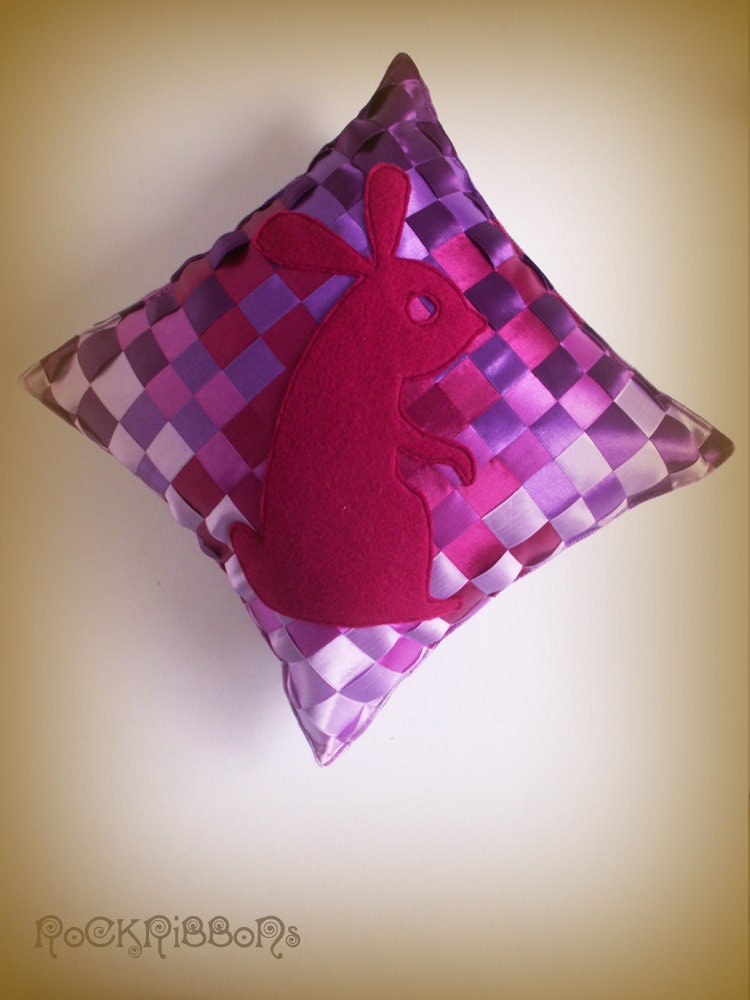 Small purple cushion - eco friendly - ribbon - bunny - 12 inch - 30.5cm - ombré - girls room - kids bedroom accessories - organic cotton.