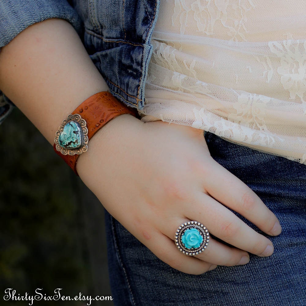 Country Boho Turquoise Rose Ring - adjustable
