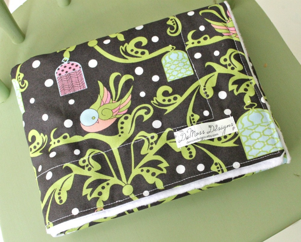 Baby Blanket, Minky Dot, Gray Grey Lime Pink, Birds, Modern, Stroller Blanket