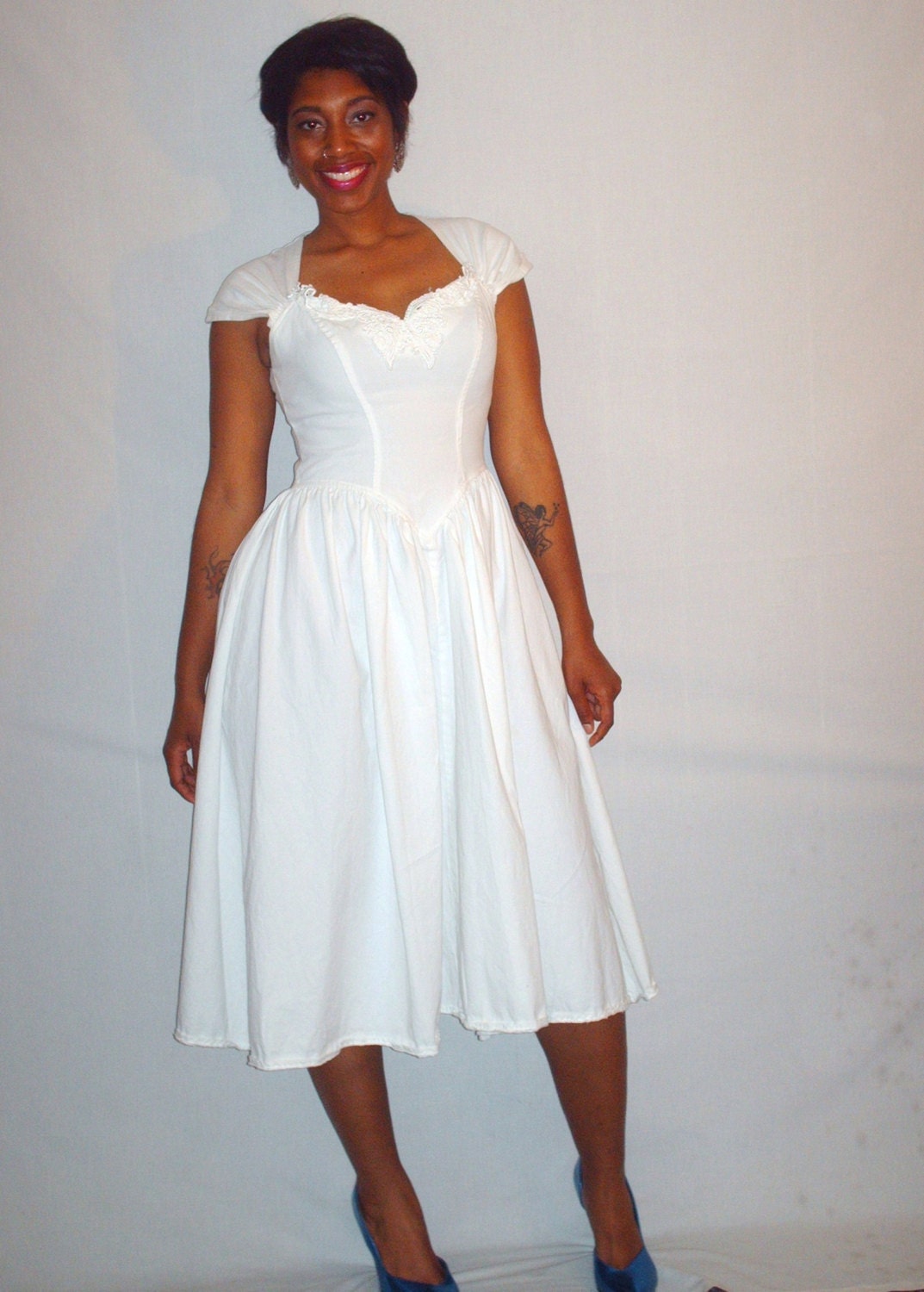 Vintage 1980s White Flare Dress with Decorative Lace Design