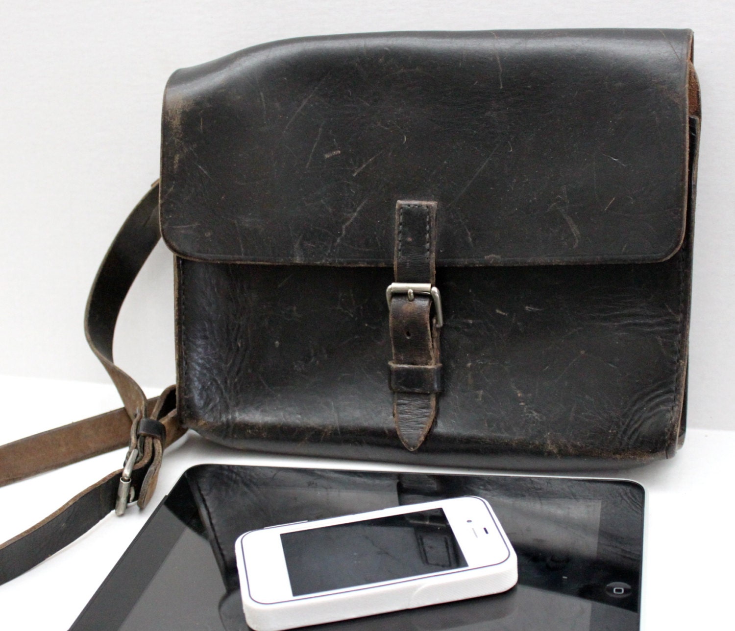 vintage 60s/70s Swiss Army Field Bag // iPad messenger bag // distressed black leather