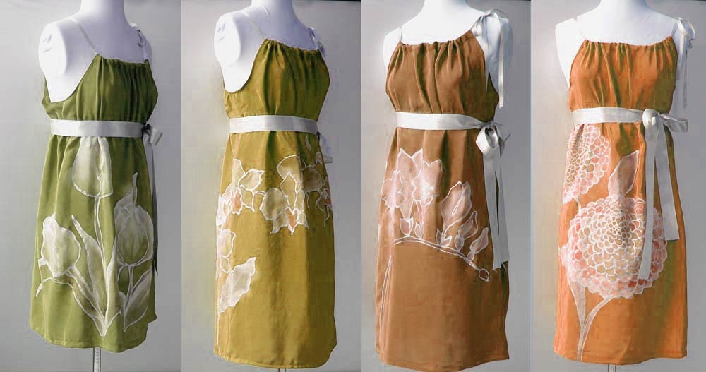 Four Hand Painted  Silk Bridesmaids Prom Formal Dresses Draped  Romantic Floral  Elegant  Spring  Summer Earth Tones MADE TO ORDER